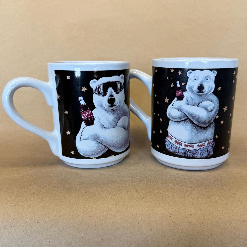 Coca-Cola Polar Bear with Ski Goggles and Jean Gibson Mugs-1996 Pair