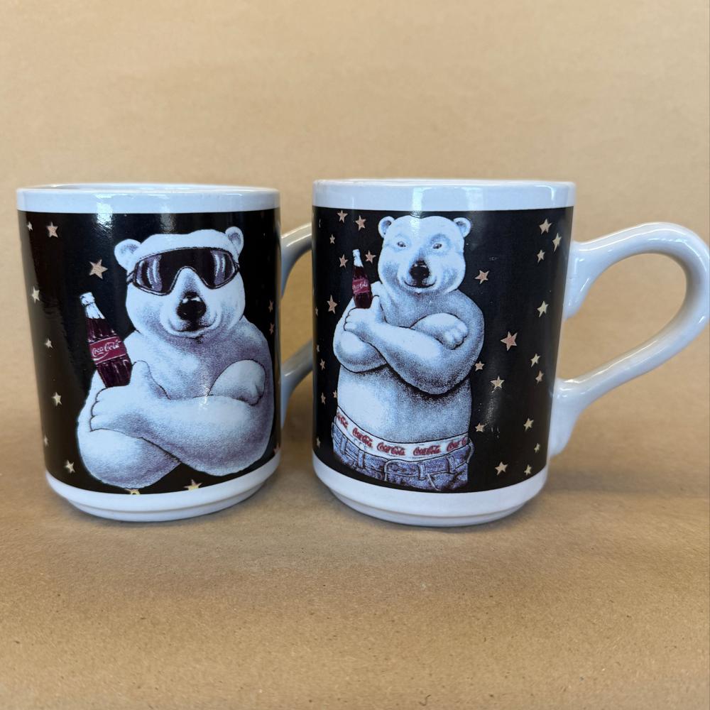 Coca-Cola Polar Bear with Ski Goggles and Jean Gibson Mugs-1996 Pair