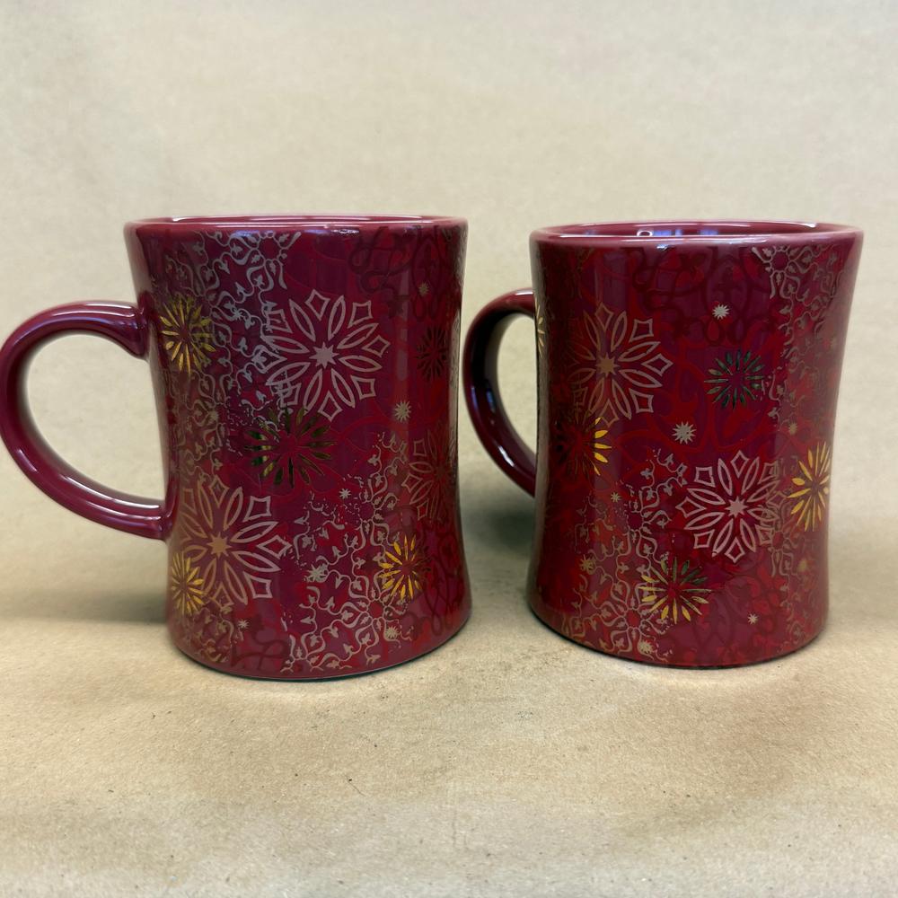 Peet's Coffee & Tea Red Holiday Snowflakes Mugs-Pair 2010