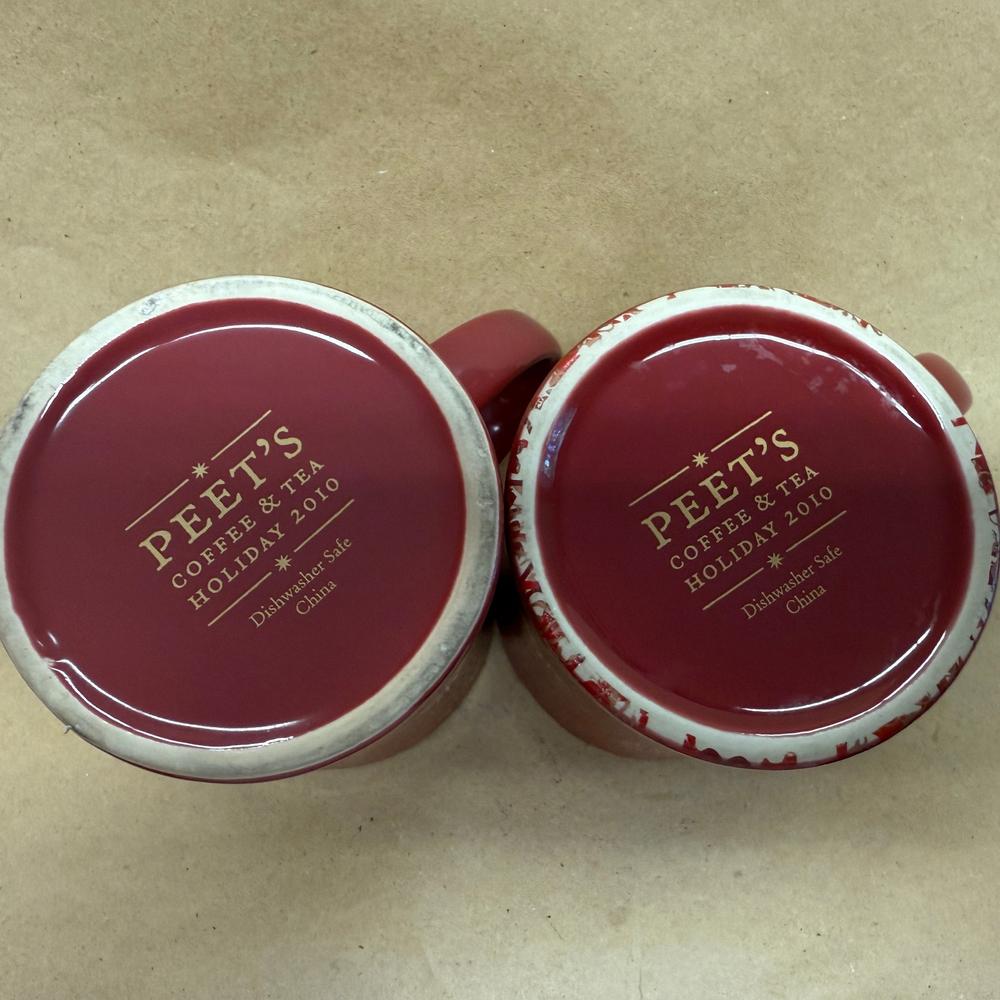Peet's Coffee & Tea Red Holiday Snowflakes Mugs-Pair 2010