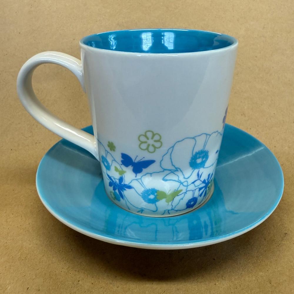 Starbucks Iridecent Blue Floral Flowers Butterfly with Saucer Mug-2006