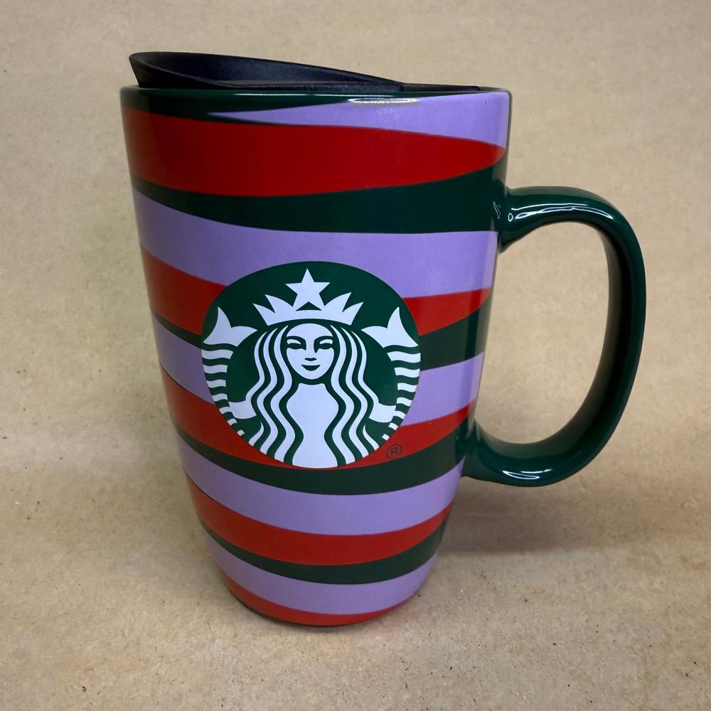 Starbucks Lavender, Red and Green Striped Holiday Travel Mug-2020