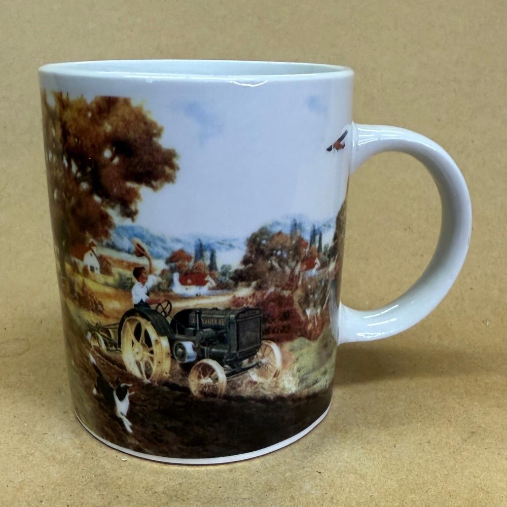 John Deere Tractor Plowing Waving at Plane Mug