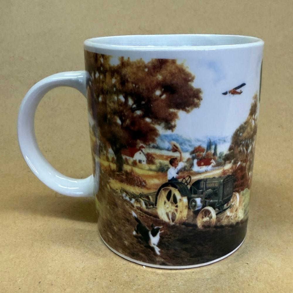 John Deere Tractor Plowing Waving at Plane Mug