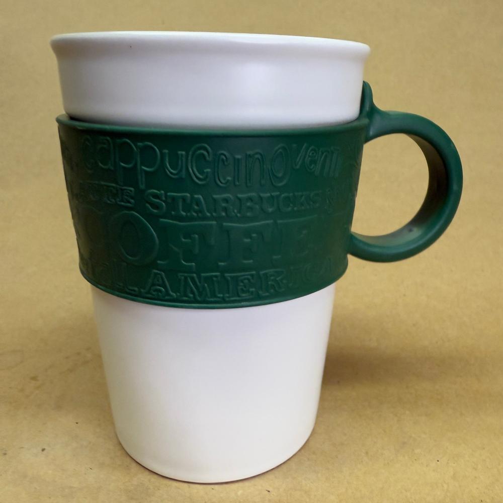 Starbucks White with Green Rubber Embossed Handle Mug-2008