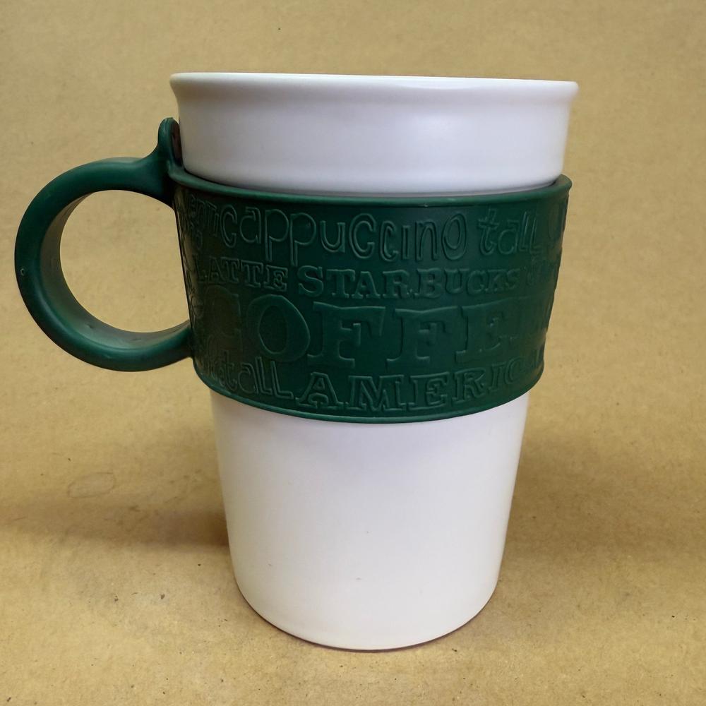 Starbucks White with Green Rubber Embossed Handle Mug-2008
