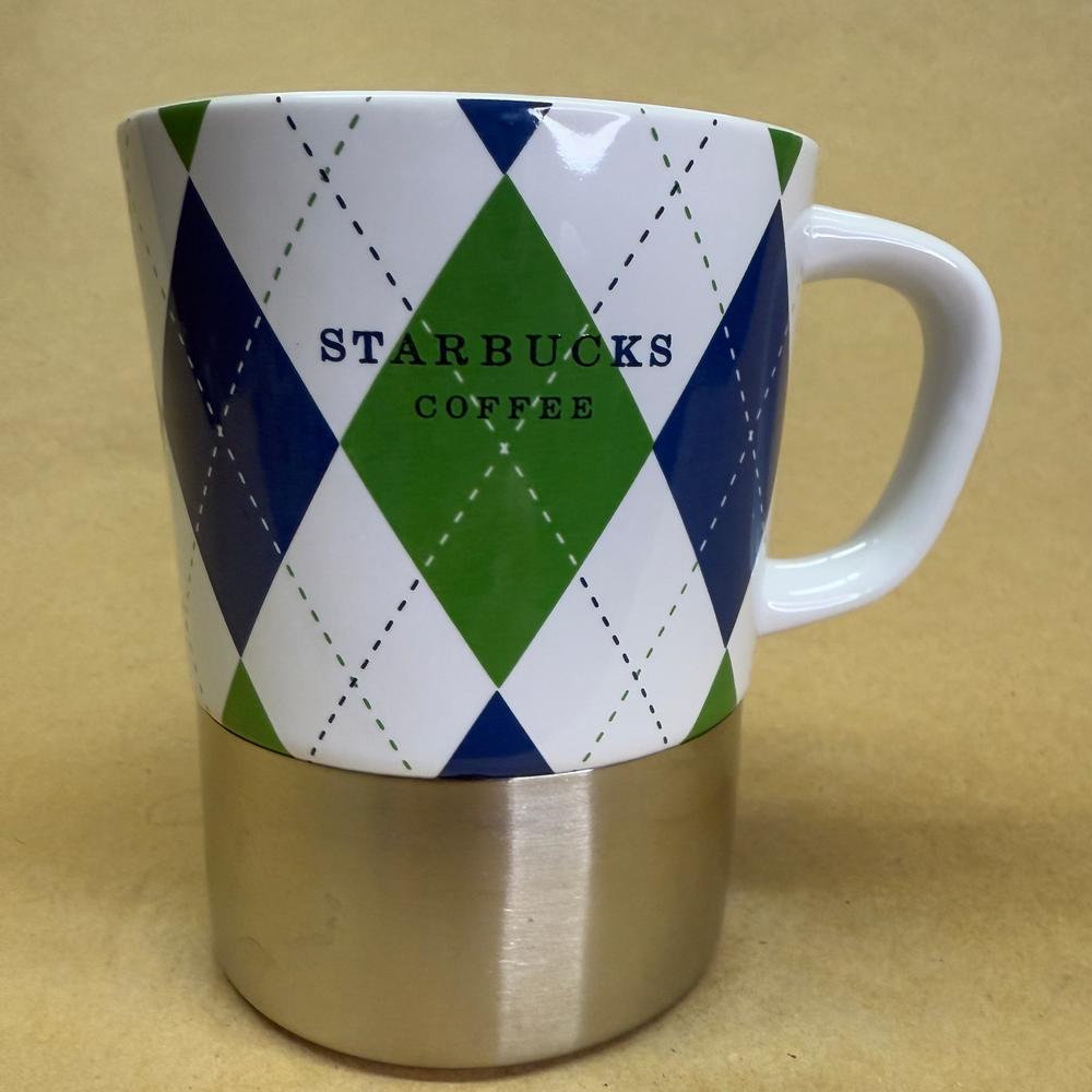Starbucks White Blue Green Argyle Metal Bottom Mug-2006
