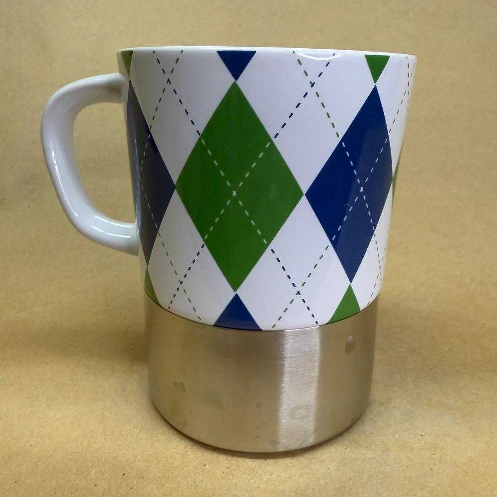 Starbucks White Blue Green Argyle Metal Bottom Mug-2006