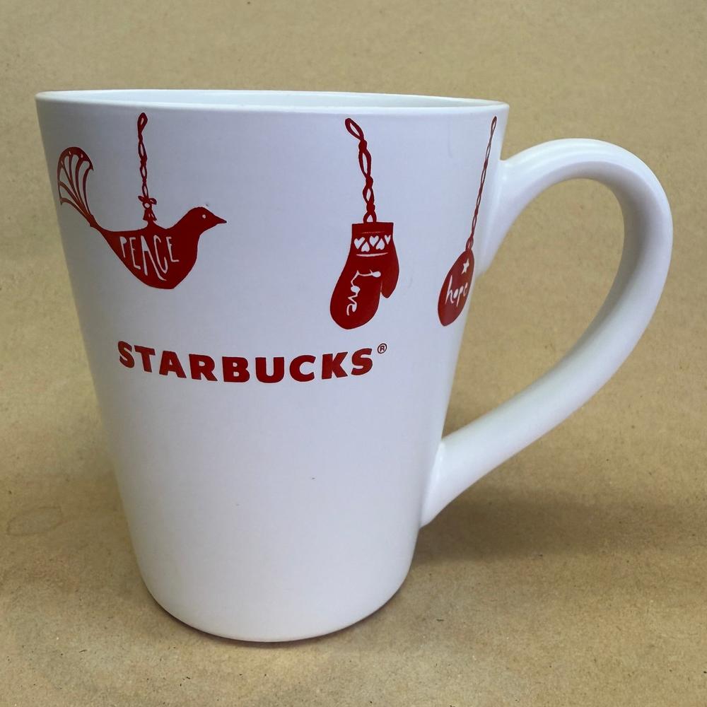 Starbucks White with Red Hanging Ornaments Peace Hope Love Mug-2010