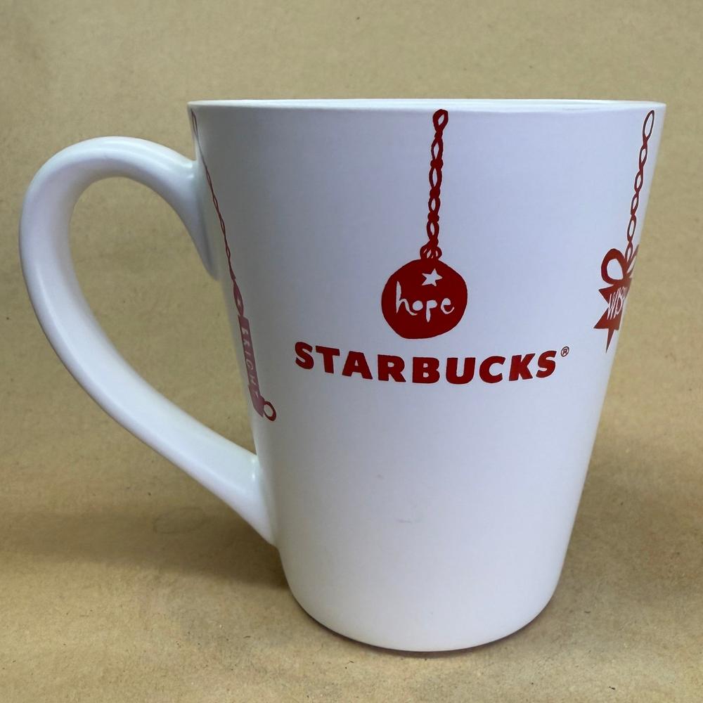 Starbucks White with Red Hanging Ornaments Peace Hope Love Mug-2010