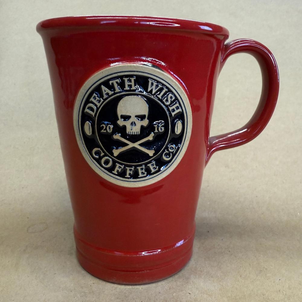 Death Wish Coffee Tall Red Skull and Crossbones Deneen Pottery Mug-2016
