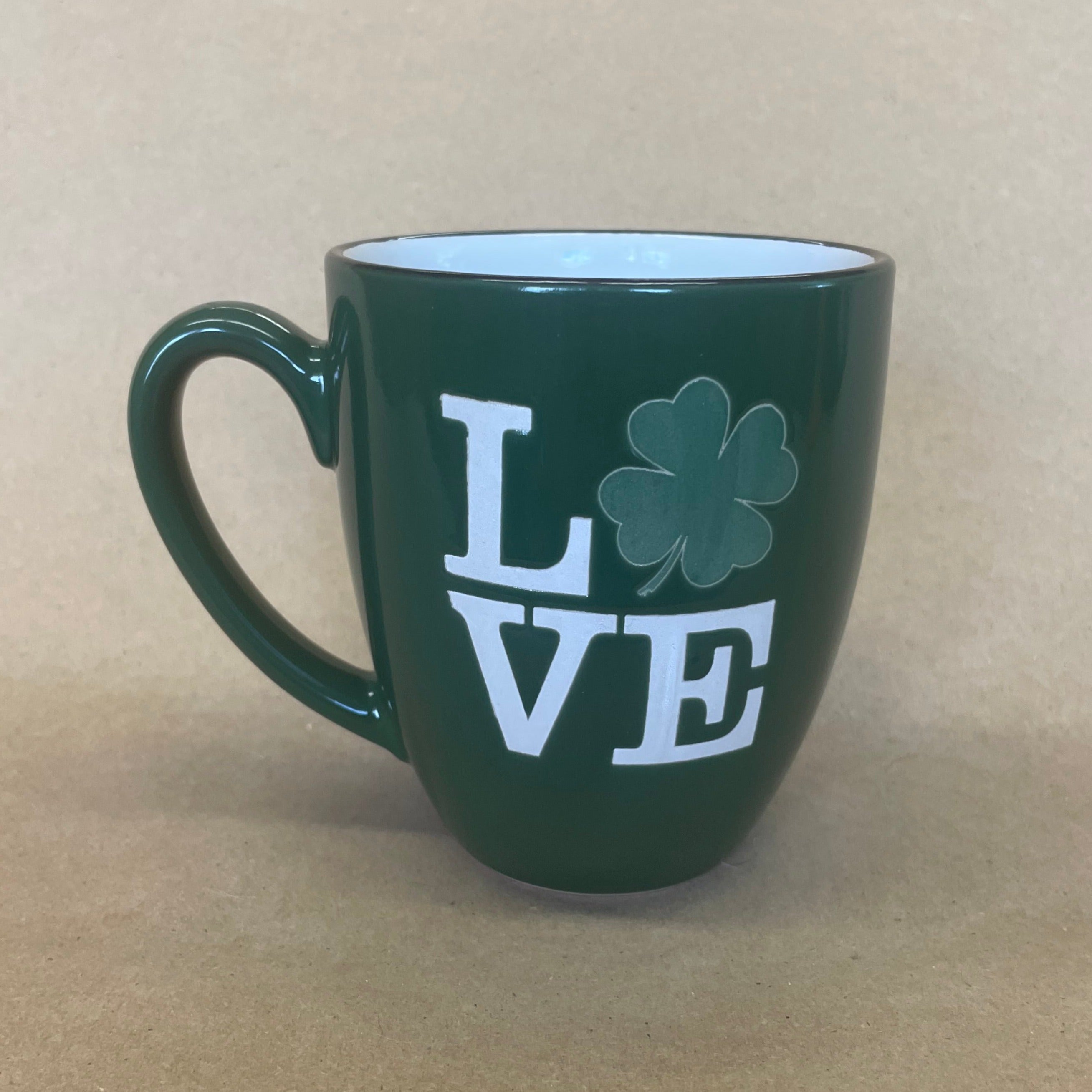 LOVE Irish Shamrock Etched Mug