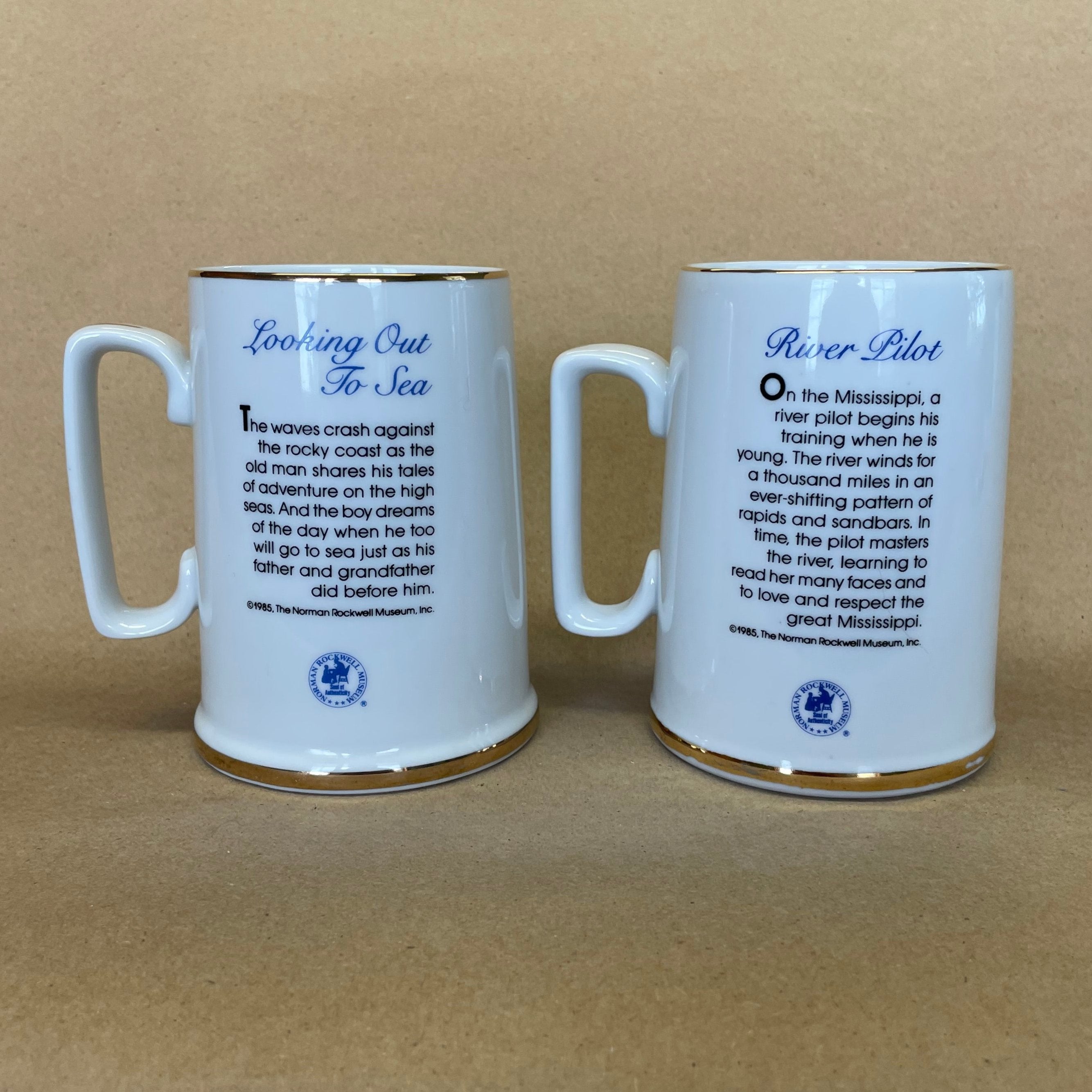 Norman Rockwell Looking Out To Sea and River Pilot Mugs-1985 Pair