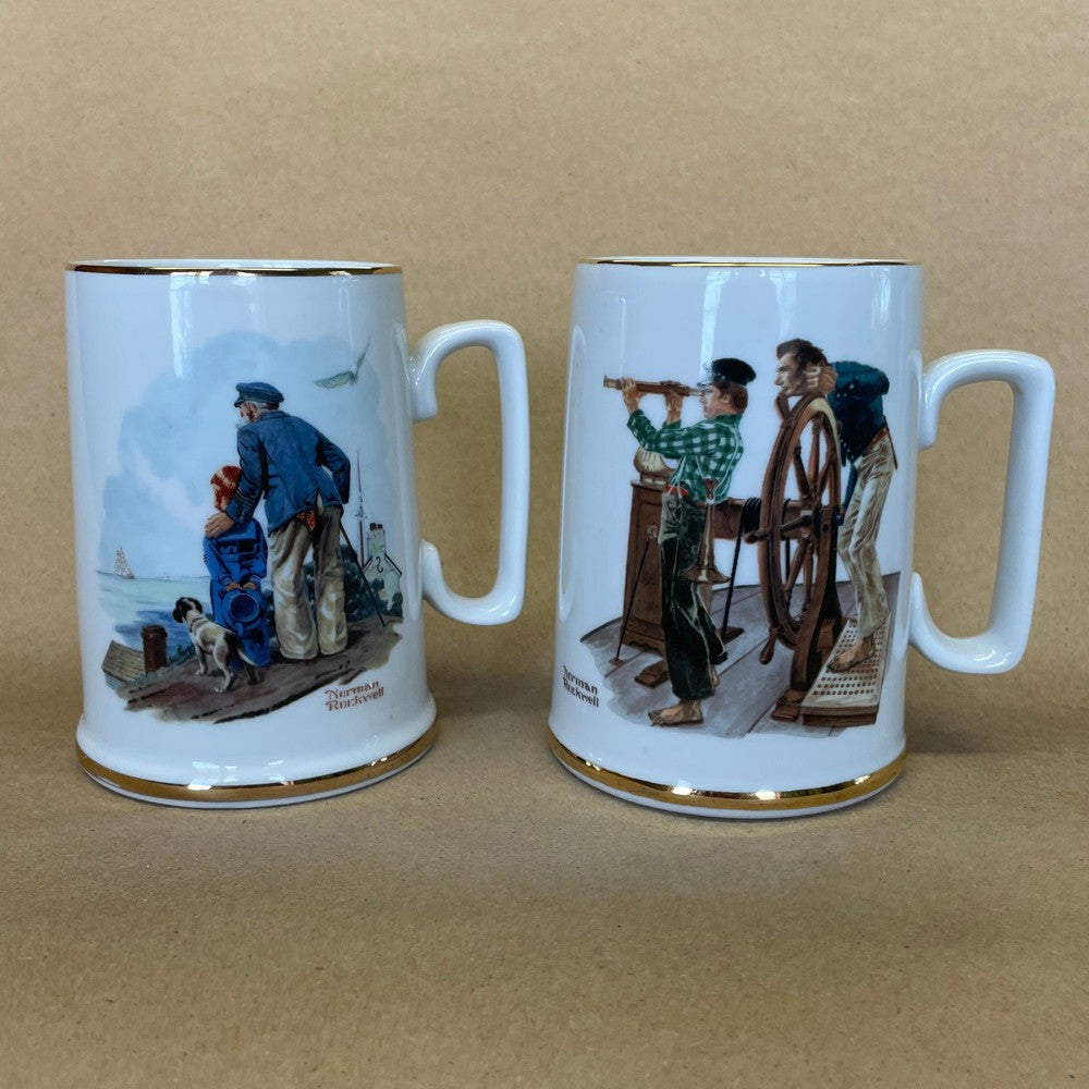 Norman Rockwell Looking Out To Sea and River Pilot Mugs-1985 Pair