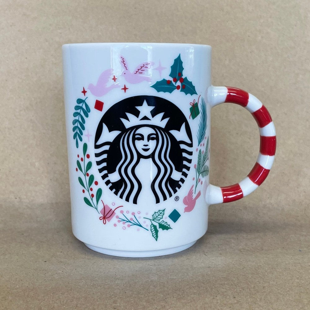 Starbucks Christmas Siren Holly Doves Wreath Candy Cane Handle Mug