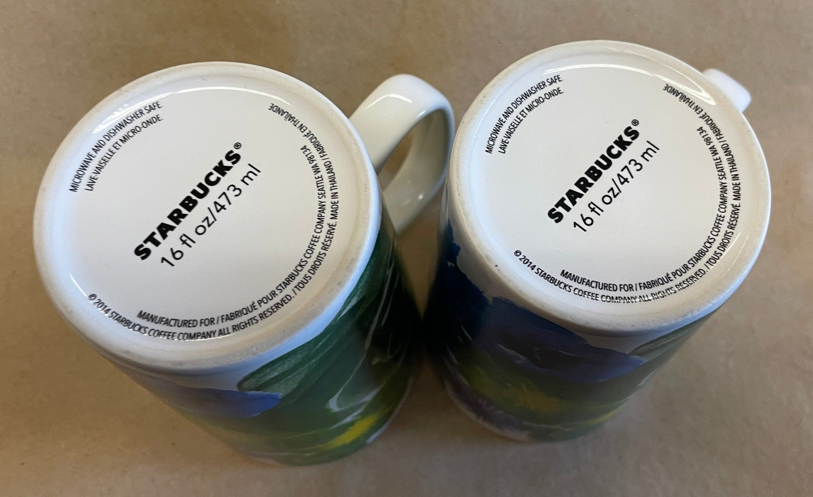 Starbucks Dot Collections Green Blue Yellow Floral Mugs-2014 Pair