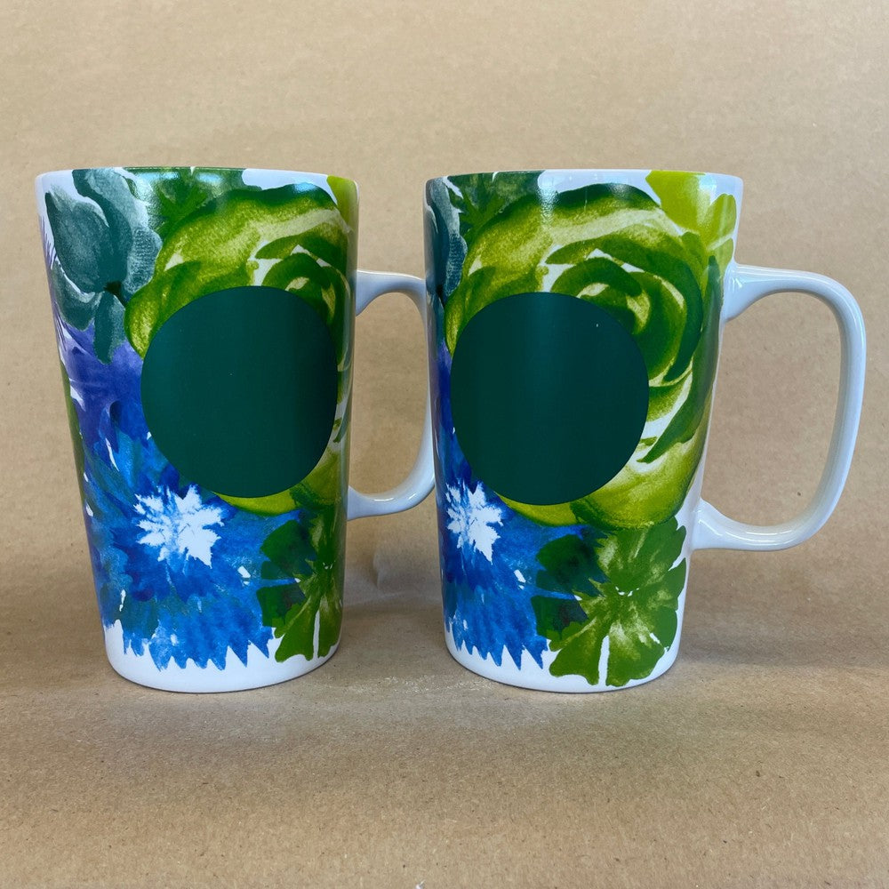 Starbucks Dot Collections Green Blue Yellow Floral Mugs-2014 Pair