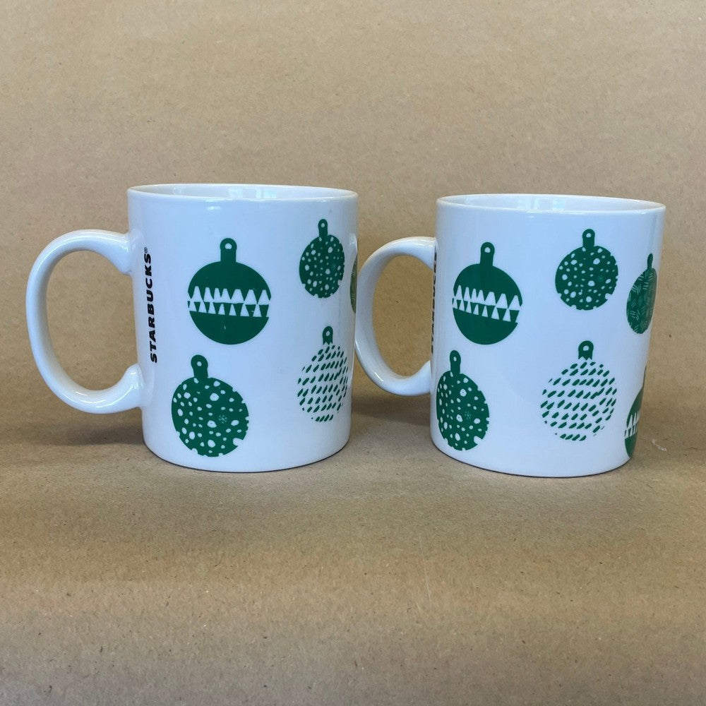 Starbucks White with Green Ornaments Mugs-2016 Pair